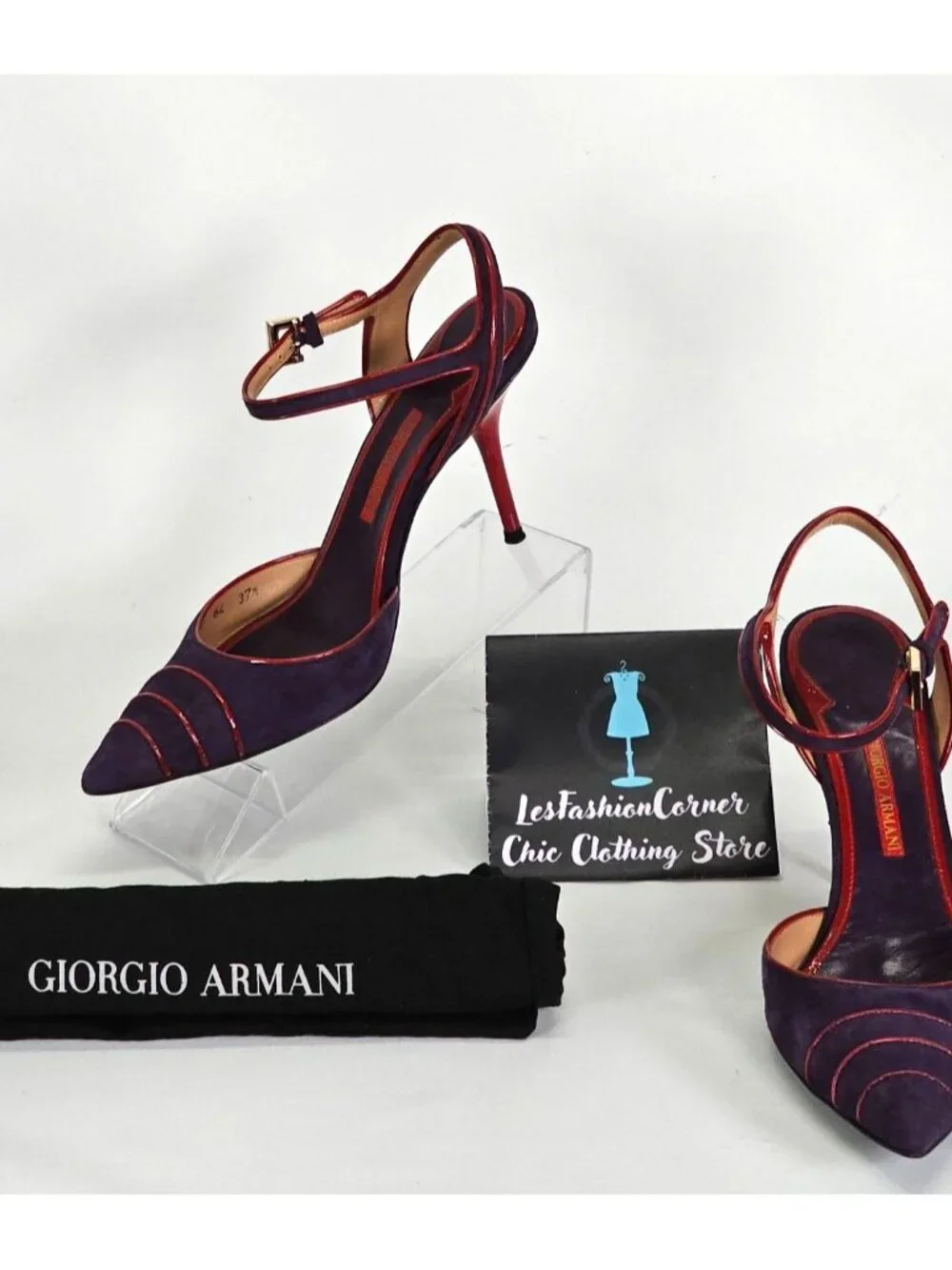 Giorgio Armani Women's Purple/Red Suede Stiletto Heels Ankle Strap Size 7 101 - Picture 2 of 16